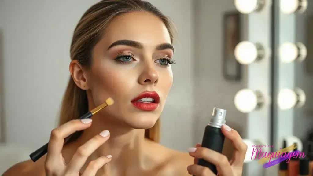 Finalizando com batom e setting spray para longa duração