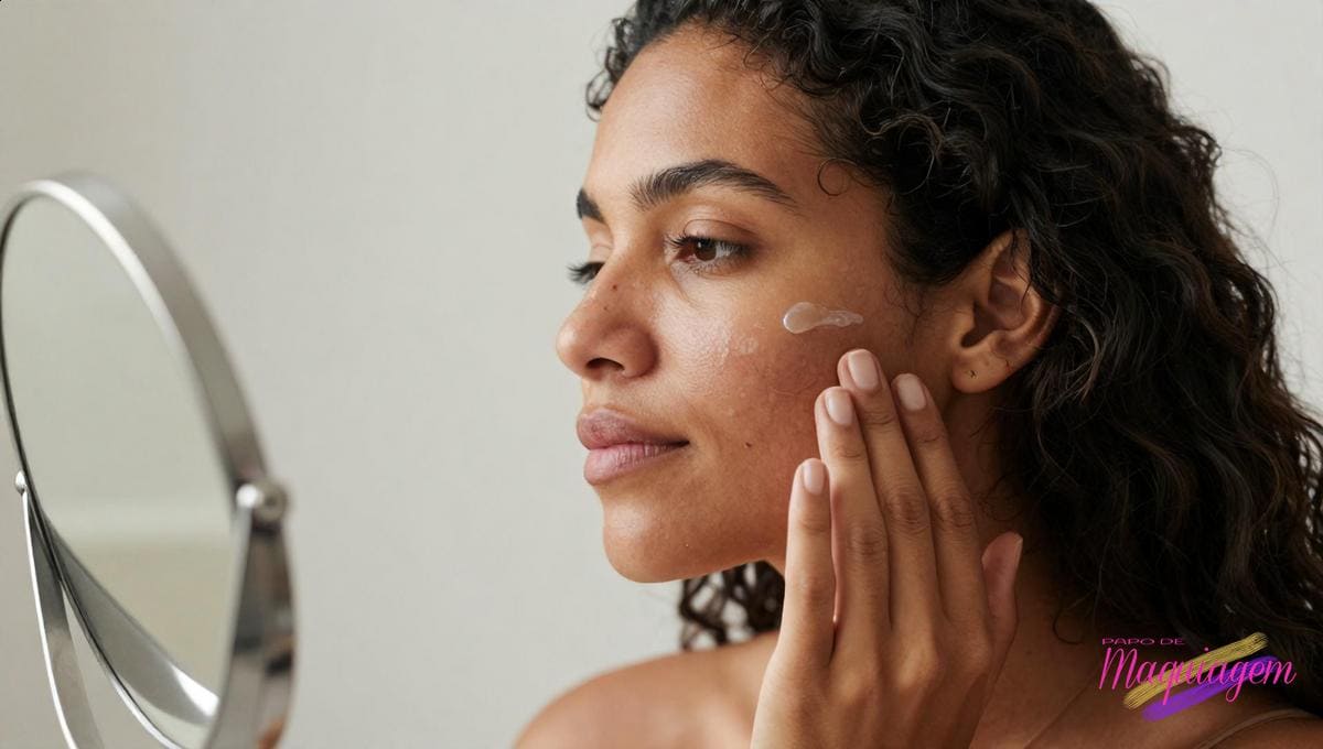 Mulher adulta aplica sérum no rosto diante de um espelho em uma penteadeira simples