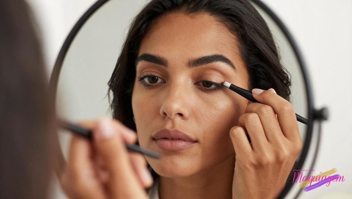 Mulher adulta aplica sombra neutra com os olhos abertos diante de um espelho.