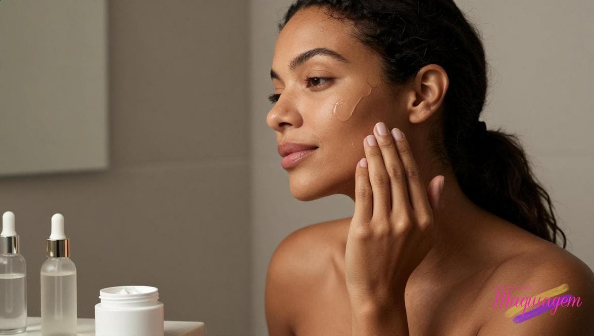 Mulher de pele morena aplica gotas de sérum no rosto à noite, com frascos sem rótulo sobre a bancada do banheiro